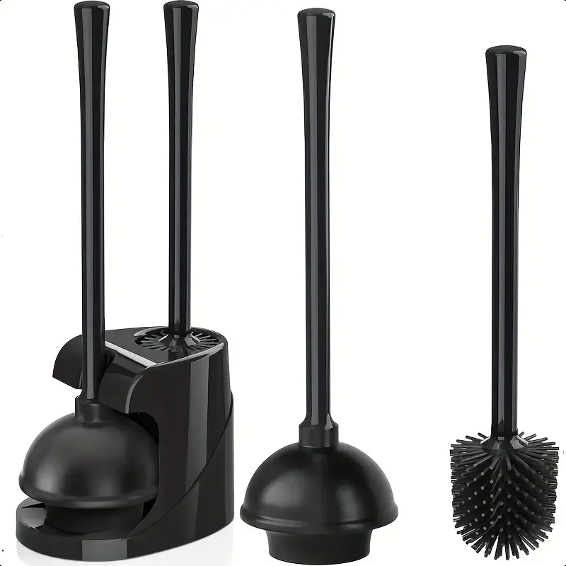 2-in-1 Toilet Brush and Long-Handle Plunger Set - Dual Functionality, Rotating Head, Durable Black Plastic, Freestanding Bathroom Cleaning Set, Bathroom Gadgets, Bathroom Accessories, Toilet Accessories
