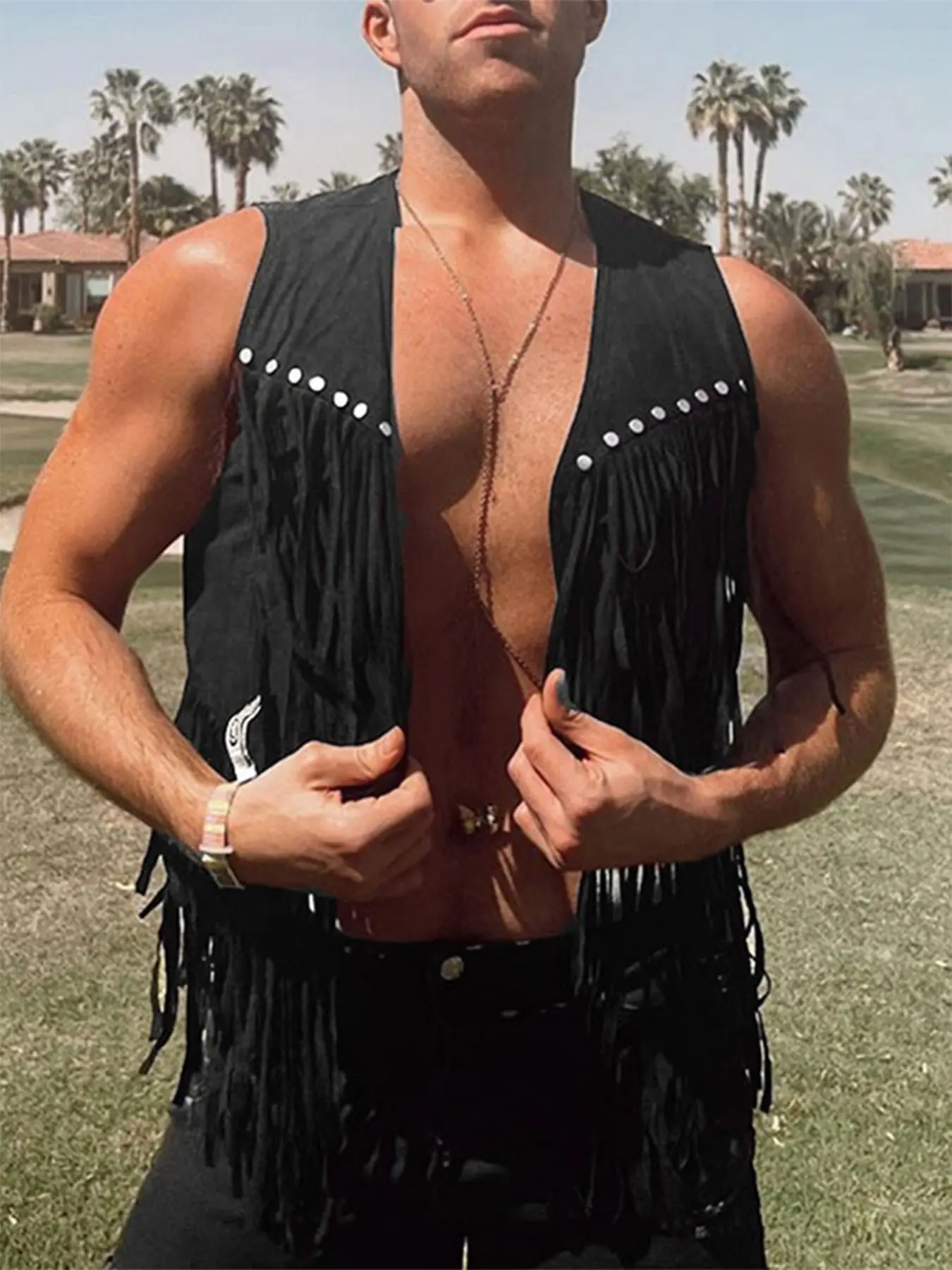 INCERUN Men's Fashion Casual Simple Metal Buckle Design Tassel Solid Color Fabric Sleeveless Fringed Open Front Western Waistcoat Vest, Plain Fitted Vest, Stylish and Comfortable, Suitable for Daily Wear, Tropical Tops, Menswear