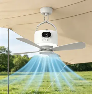 Hanging Camping Tent Fan, Rechargeable Portable Fan with LED Light, Remote Control & Timer, Battery Powered Outdoor Ceiling Fan for Camping, Tent, RV, Bedroom