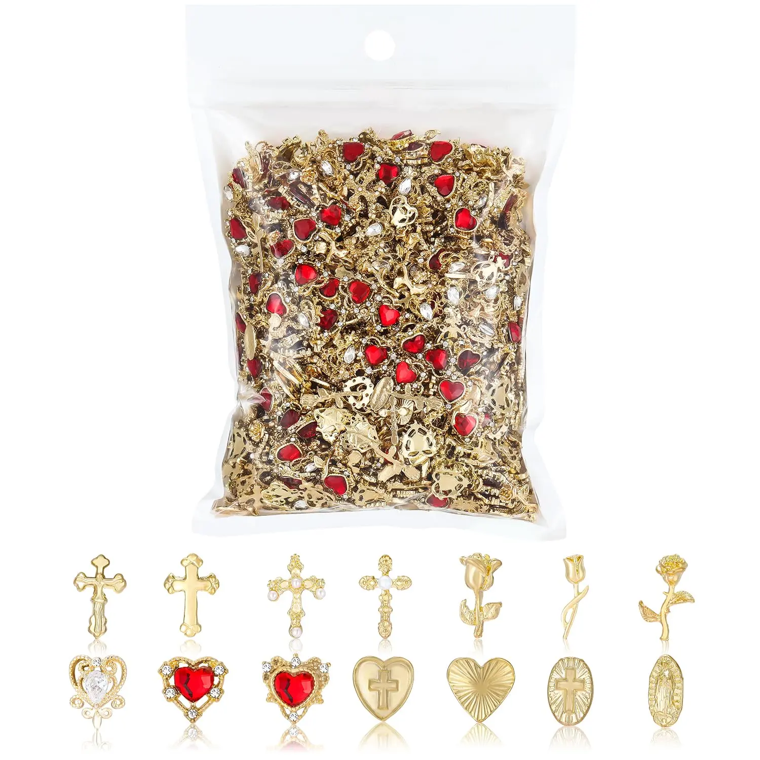 128PCS Gold Nail Charms Set with Rhinestones and Gems, Rose, Hearts, Cross and Virgin Mary - Y2K 3D Shiny Jewelry Nail Decorations Accessories Supplies
