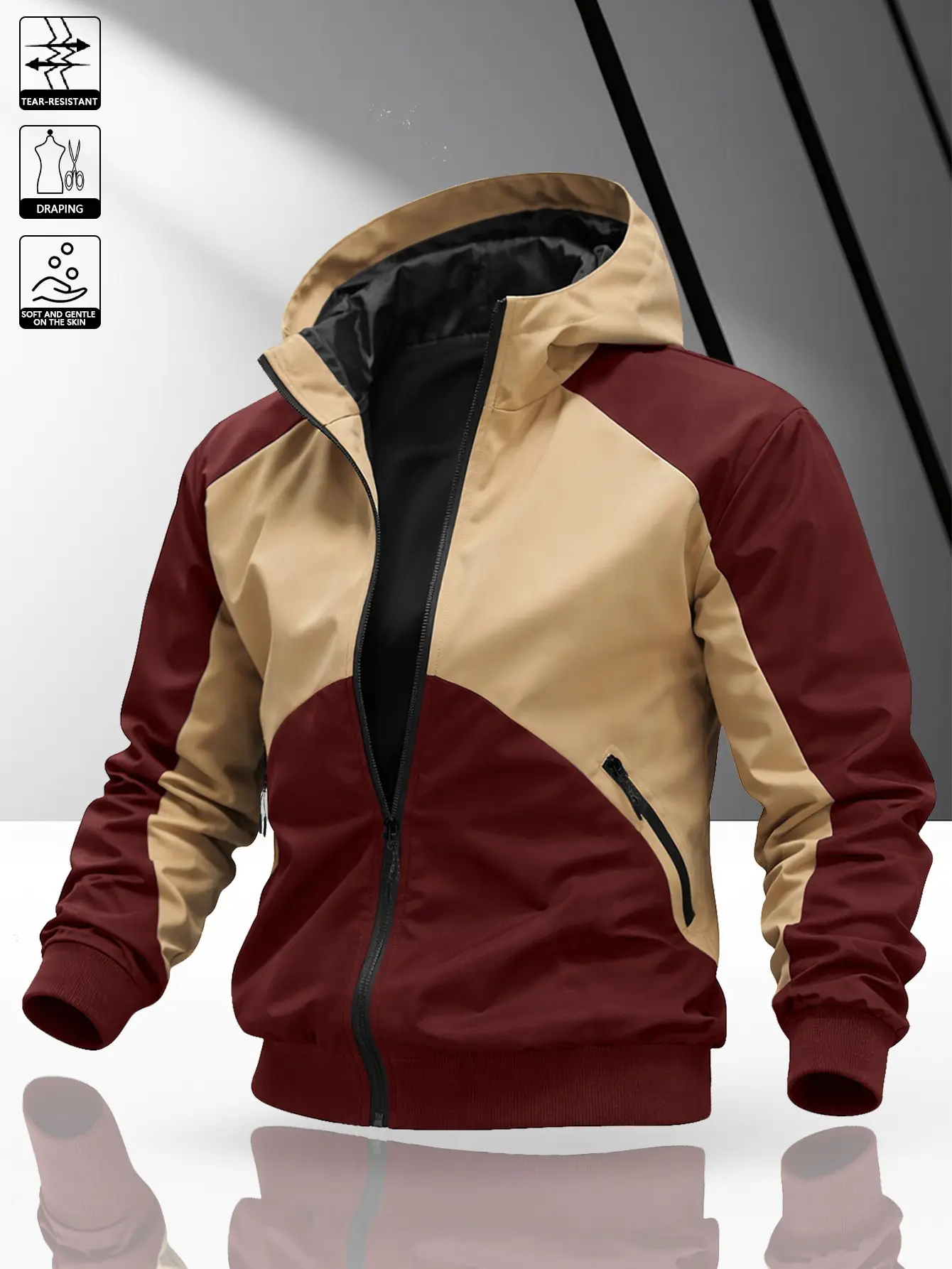 Men’s spring/autumn burgundy khaki colorblock hooded jacket with geometric diagonal contrast panels, side zipper pockets, ribbed cuffs and hem, woven fabric, relaxed casual fit, long sleeves for everyday city commuting.