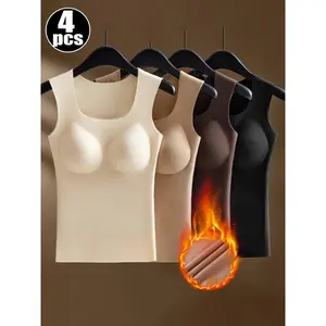 4pcs Women's Thermal Underwear Sleeveless Tops with Padded Chest High-Support Soft Ribbed Fabric Warm Winter Bras Suitable for Fall and Winter Fit for Weather Layering Hand Washable
