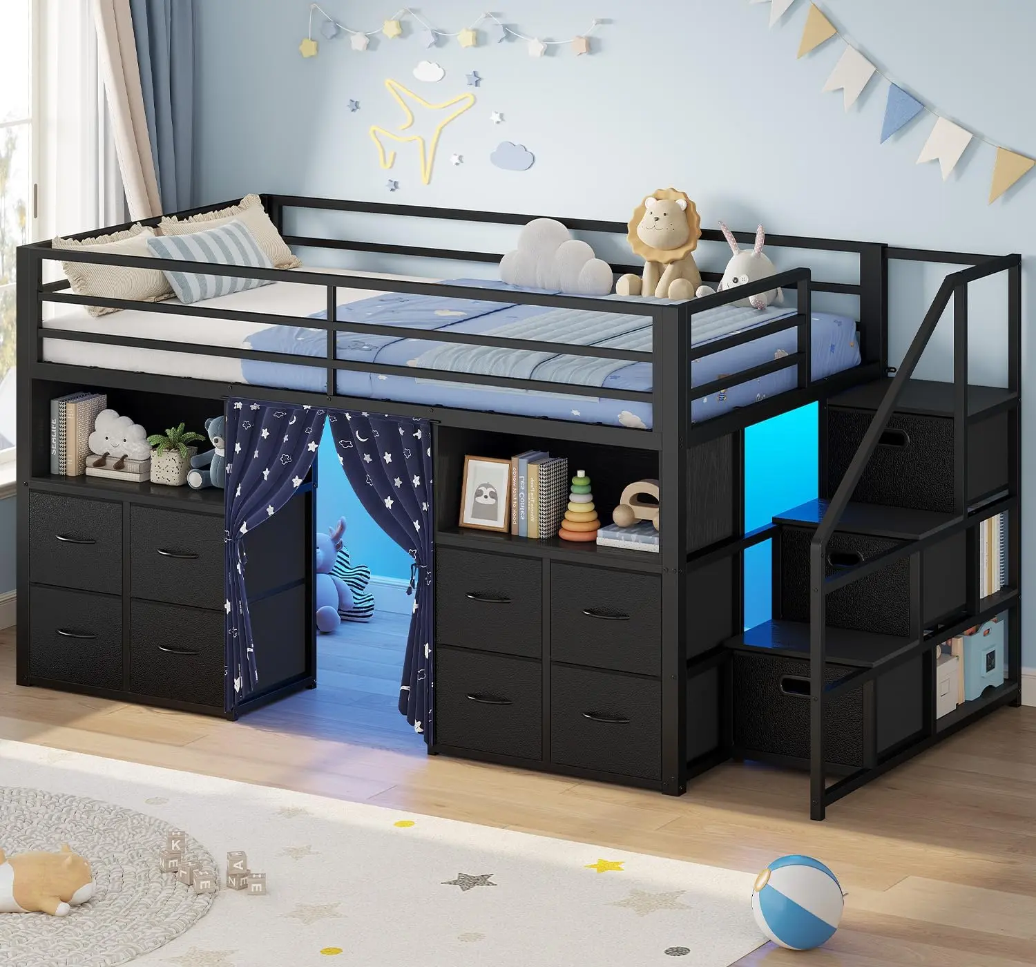 ADORNEVE Low Loft Bed Twin Size with Desk and 11 Storage Drawers LED Loft Bed with Bookshelf and Under-Bed Play Space Metal Kids Loft Bed with Safety Guardrail,dorm essentials,home decor