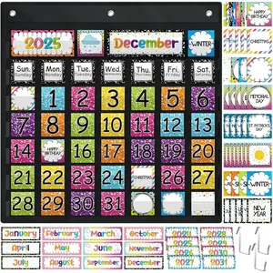 119 Pcs Classroom Calendar Pocket Chart Black Monthly Bulletin Board Set Seasons Festival Weather Farmhouse Calendar Set for Classroom Decoration Back to School Supplies (Bright Composition)