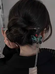 Elegant Butterfly Tassel Hairpin Set, Floral Hair Clips & Metal Chopstick Pins, Vintage Chinese Style, Hanfu/flag Dress/wedding Essential, Flower Hair Clip