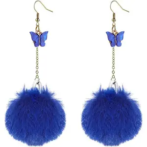 Colorful Faux Fur Fluffy Ball Earrings for Women Butterfly Pom Pom Pendant Earrings Soft Plush Pink Pom Pom Dangle Drop Earrings for women