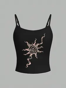 Women's Slim Fit Strapless Sleeveless Vest, Fun Sun Totem Print, Adjustable Straps, Perfect All Season Versatile Piece, Daily Wear and Fitness