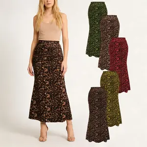 Women's Elegant Maxi Mermaid Skirt Bodycon Fitted Wrap Flared Fishtail Hem Style Long Skirts with Ruched Waist Design Classic Leopard Print Gentle Chic Casual Versatile for Dates Daily Party Womenswear