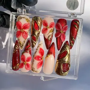 Red Gold Chrome Press On Nails 3D Flower Burgundy Glitter Nails Luxury Nails