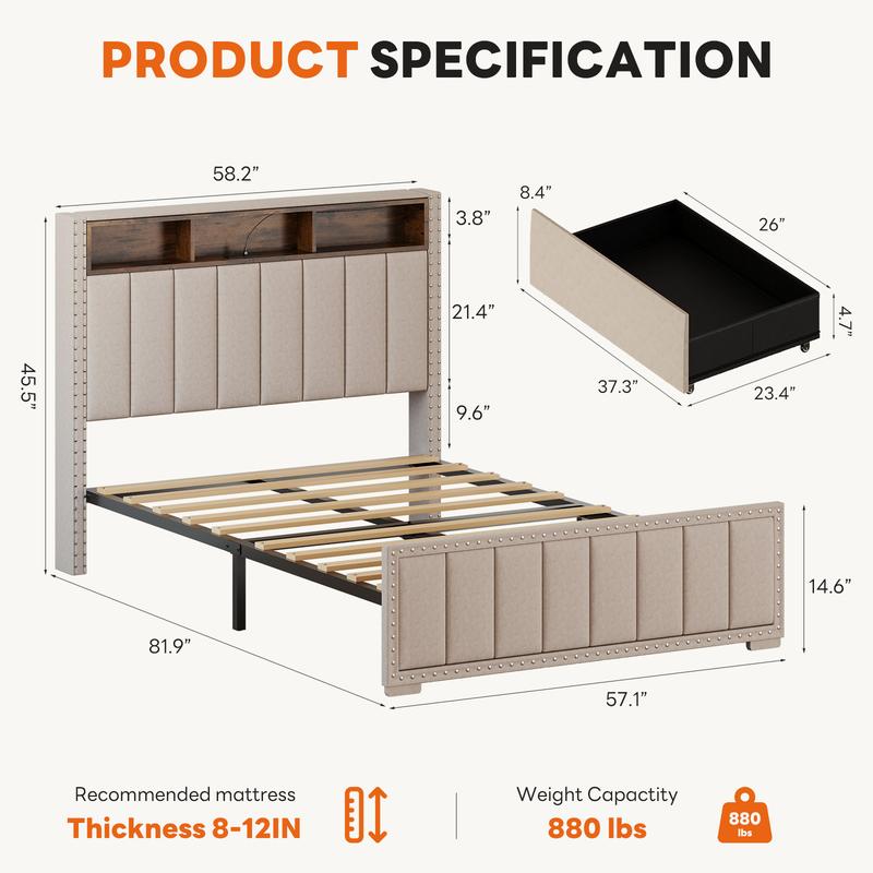 Upholstered Storage Bed Frame With LED Lights – 4 Built In Drawers & Headboard Charging Station – Modern Platform Bed For Small Bedroom And Master Suite