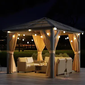 10x12ft Gazebo, Hardtop Outdoor Canopy Aluminum Frame Permanent Gazebo with Netting and Curtains, Polycarbonate Garden Tent for Patio, Lawn, Backyard, Deck