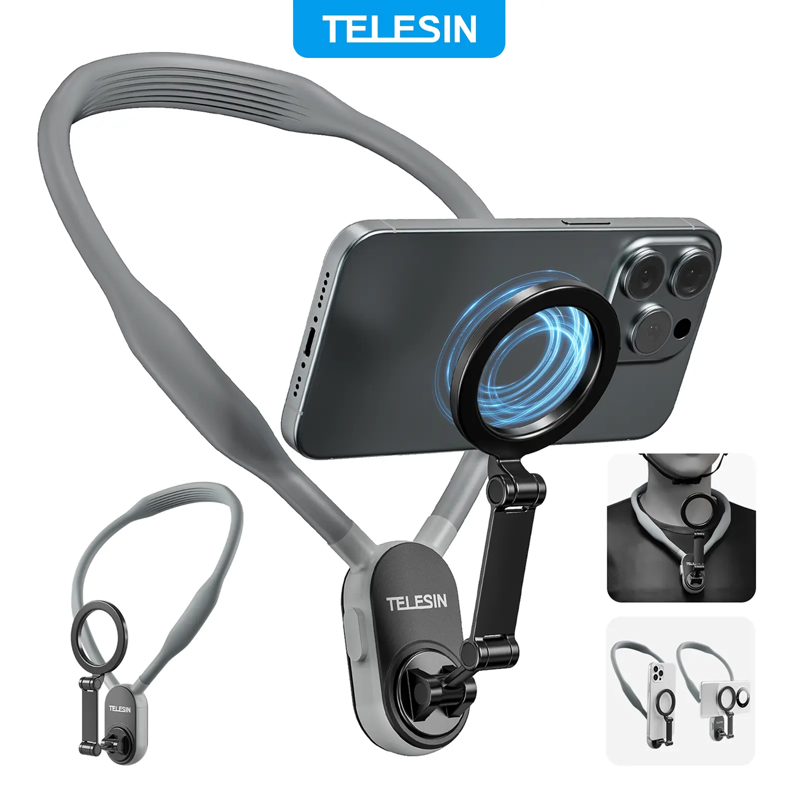 TELESIN Magnetic Neck Phone Holder Stand with Chest Strap – Hands-Free POV/Vlog Mount for iPhone 16/15/14/13, Android & Action Cameras, Adjustable Neck Phone Mount for Travel, Sports, Filming, Compatible with iPhone 17