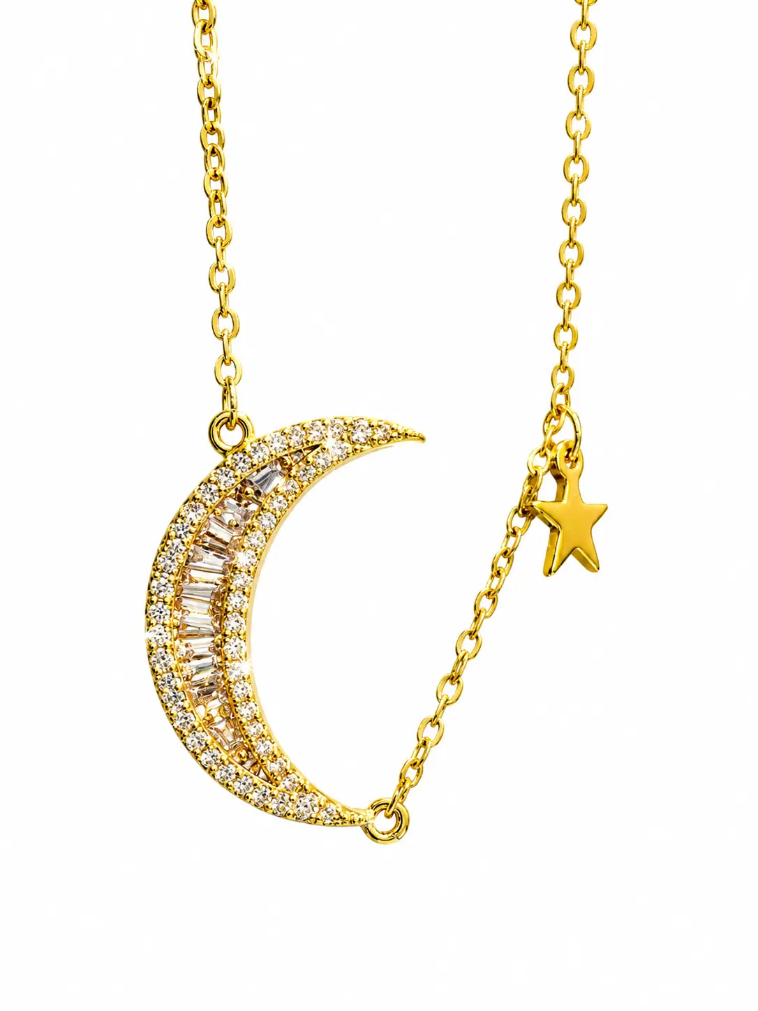 TEIKET Moon & Star Crystal Necklace – Gold
