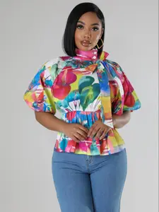 Women's Floral Print Bow Design Blouse Shirts, Fitted Casual Top for Summer, Ladies Clothes for Daily Wear