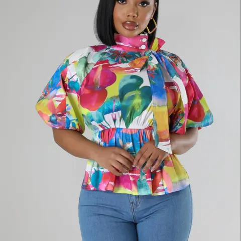 Women's Floral Print Bow Design Bohemian Puff Sleeve Feminine Boho Style Blouse Shirts, Fitted Casual Everyday Top for Summer, Ladies Clothes for Daily Wear, Boho Tops, Womenswear