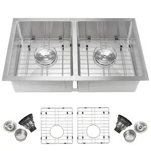Kitchen Sink,36×19×10 inch Double Bowl Undermount Stainless Steel Kitchen Sink, Brushed 304 Design with 2.0mm Rim, 1.0mm Bowl, Bottom Grates & Drain Kit Included