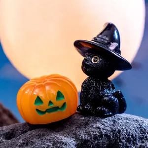 2pcs Vintage Resin Halloween Figurines - Witch Cat & Jack O'Lantern Pumpkin, Horror Themed Fairy Garden Miniatures, DIY Craft Desk Decor for Various Room Types, No Electricity Needed Ornaments Decoration Ornaments Decoration