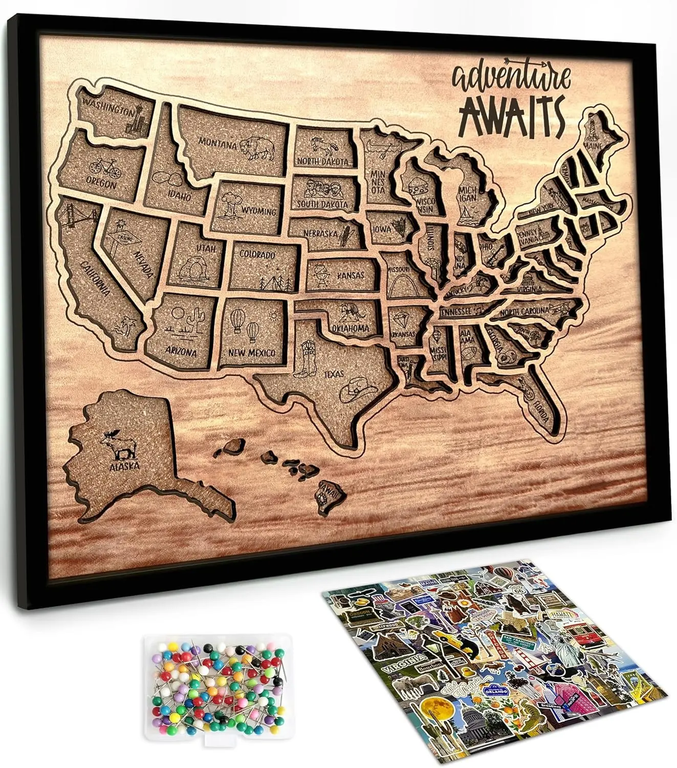 flinelife USA Landmarks Cork Travel Map With Pins, 13x11, Medium Size, Map of United States, Perfect For Couples and Families Gift