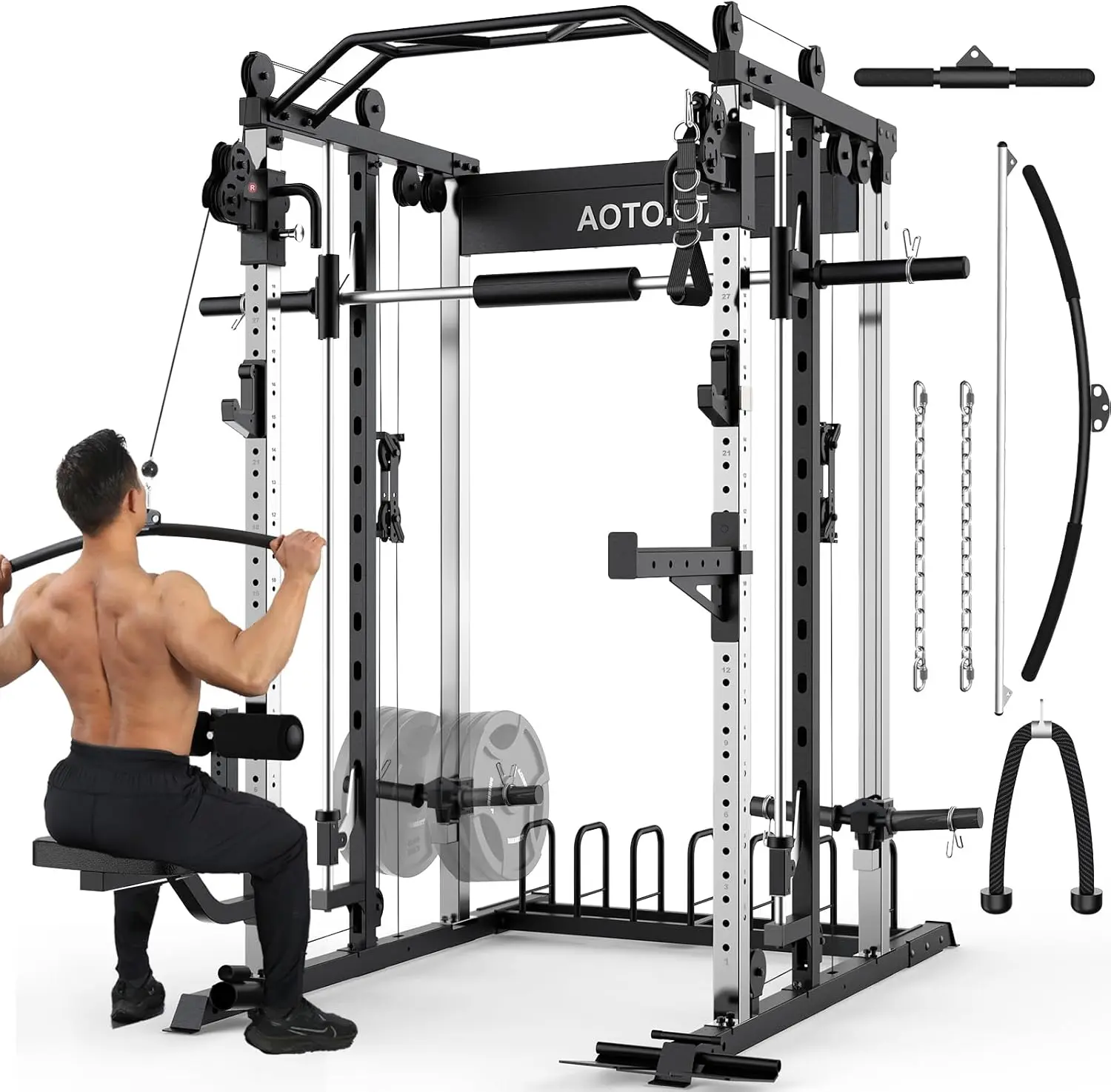 Heavy-Duty Steel Power Cage with Smith Machine, Multifunctional Home Gym Station with LAT Pulldown System and Cable Crossover for Full Body Home Workout