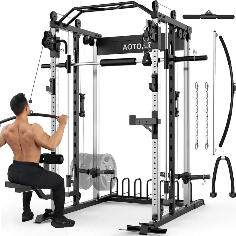Sturdy Heavy-Duty Steel Complete Smith Machine, Multifunctional Squat Rack - Home Workout Equipment with Adjustable LAT Pulldown System, Cable Crossover, Wide Step-In Space, 54.6in x 83.8in Footprint Fits Home, Complete Body Workout