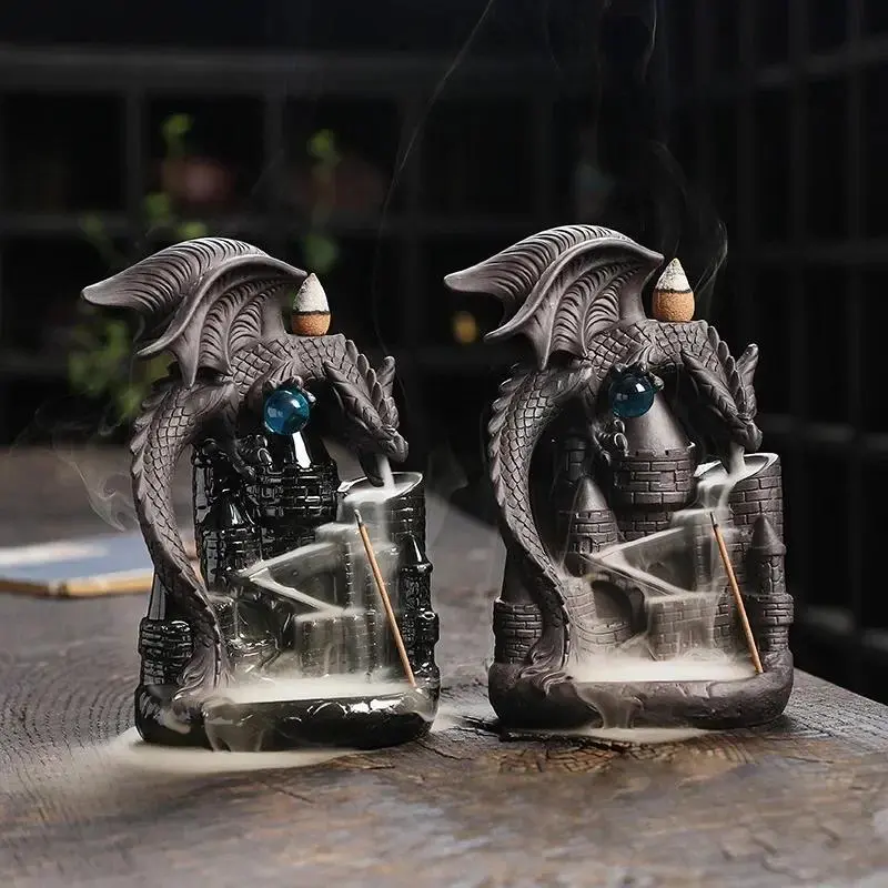 Creative Dragon & Castle Design Incense Burner, 2 Counts/set Ceramic Backflow Incense Burner, Scented Aromatherapy Essential Censer for Home Fragrance Decor