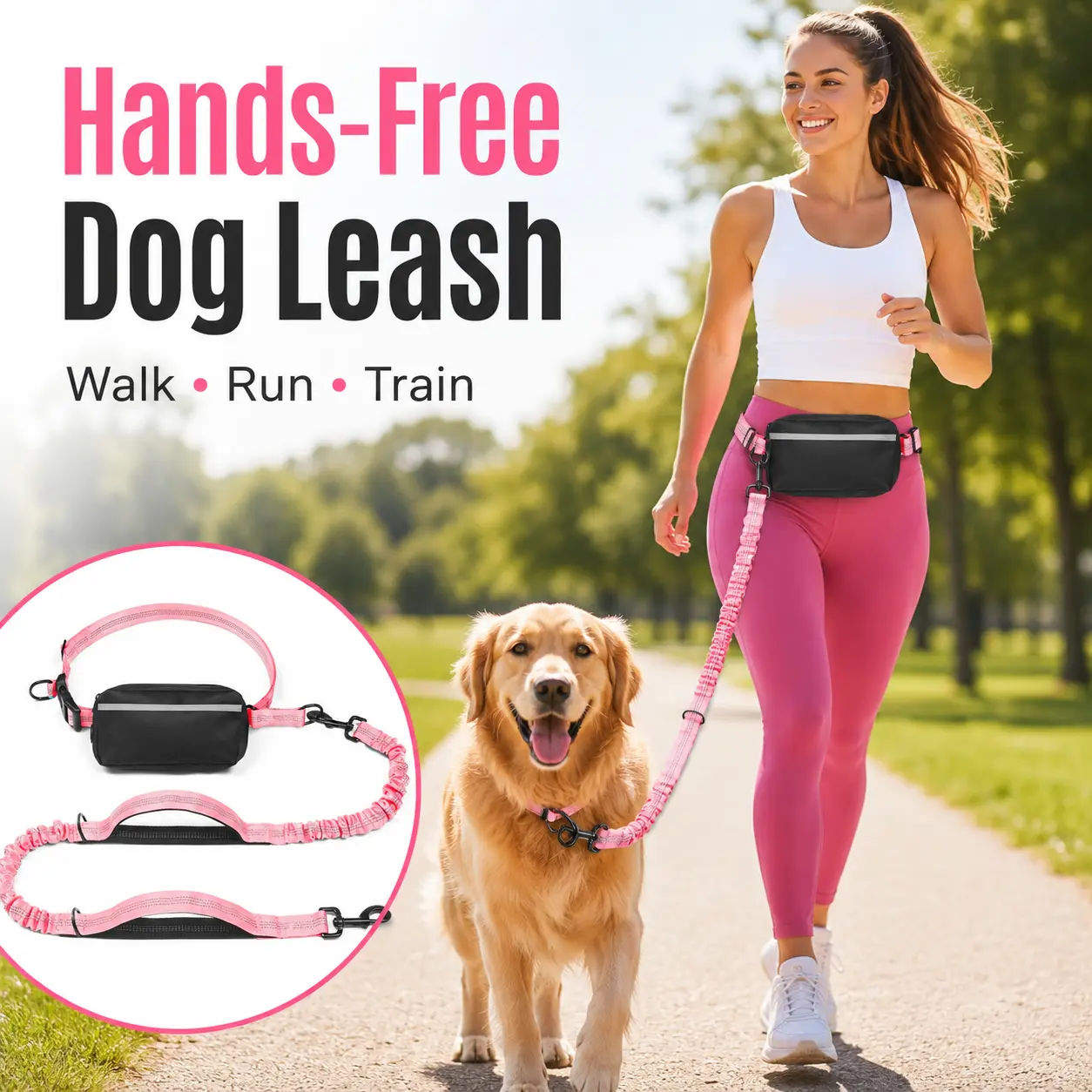 Hands Free Dog Leash - 27-48in Adjustable Waist Belt, 2 Extra Handles, Dual Padded Handles, Detachable Zippered Bag, Durable Bungee, Double Shock Absorbers, Solid Build, Reduced Pull for Walking, Jogging
