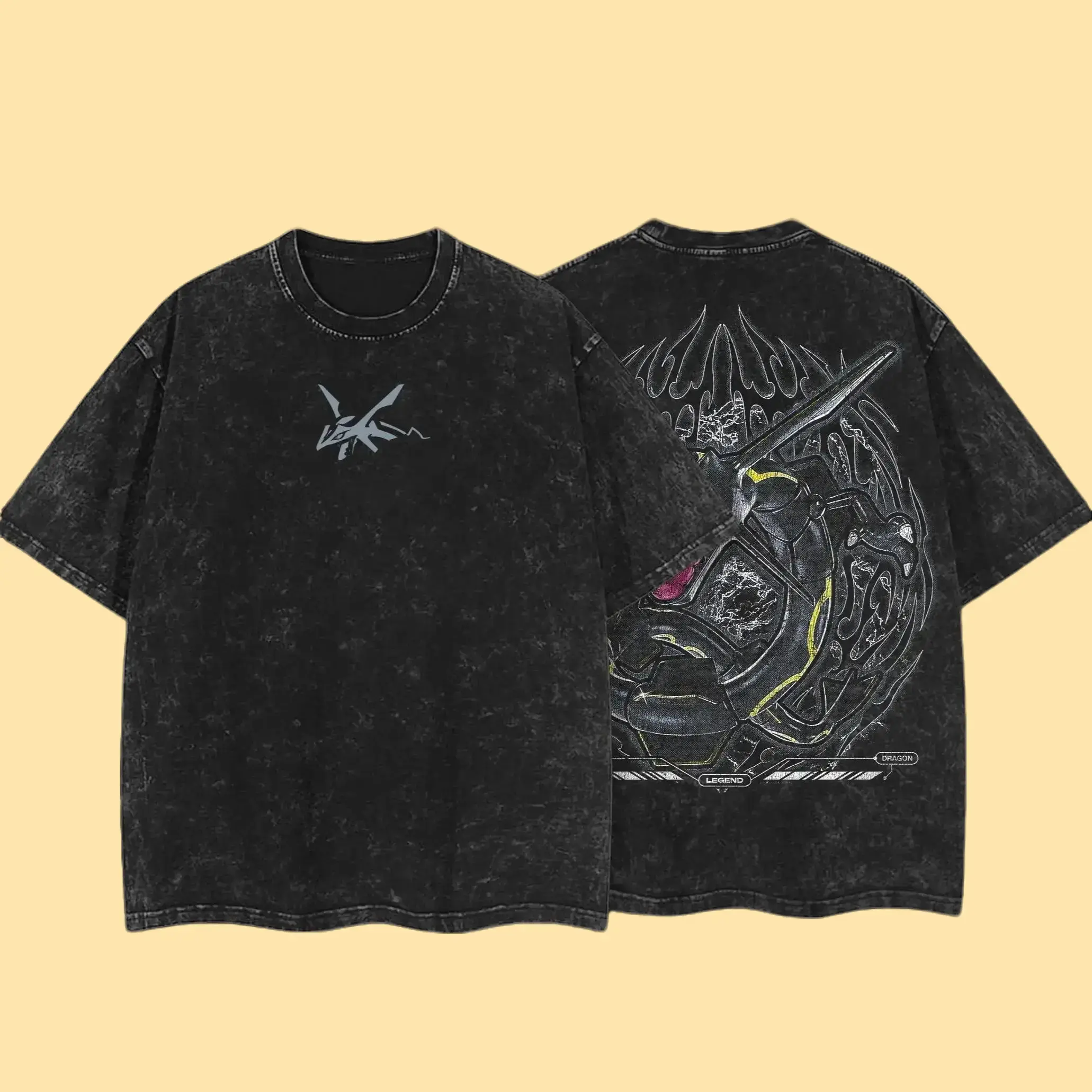 Rayquaza Legendary Dragon Anime Graphic Tee Vintage Acid Wash Oversized Heavy Cotton Dark Aesthetic Cyberpunk Y2K Grunge Streetwear Pump Cover GymTok Lifting Bodybuilding Workout Top Unisex Gamer Merch Pocket Monster Manga Alt Clothing