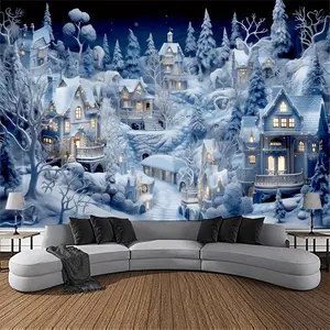 3D Christmas Town Snow Scene Wall Tapestry, Winter Wonderland Backdrop, New Year Wall Hanging Decor for Living Room, Best for Christmas