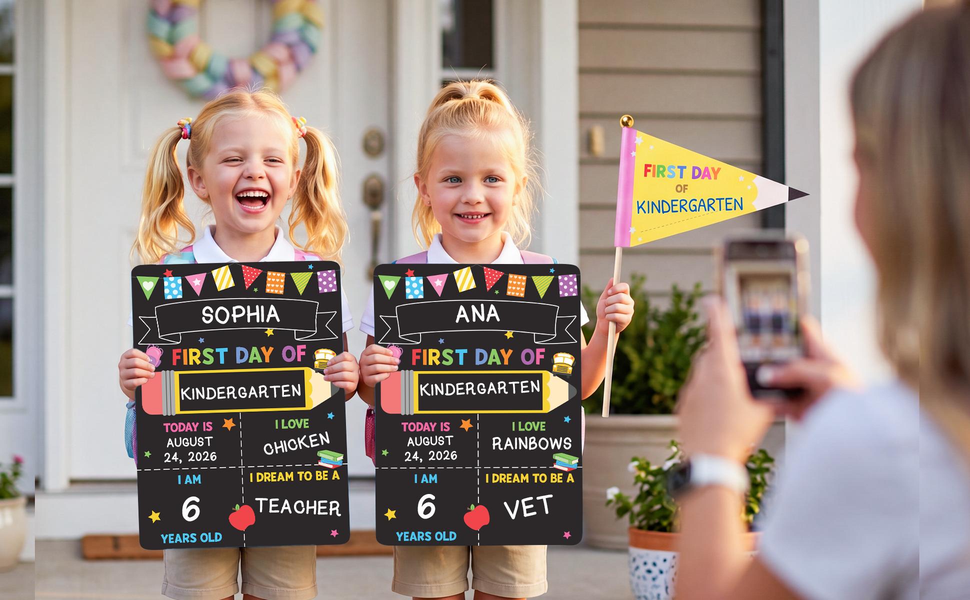 BEAWART First Day of School Black Sign Board, 10x14 Double-Sided First & Last Day Chalkboard Sign, Reusable Back to School Photo Prop For Preschool Kindergarten Kids, Includes Pencil Flag & White Chalk Marker