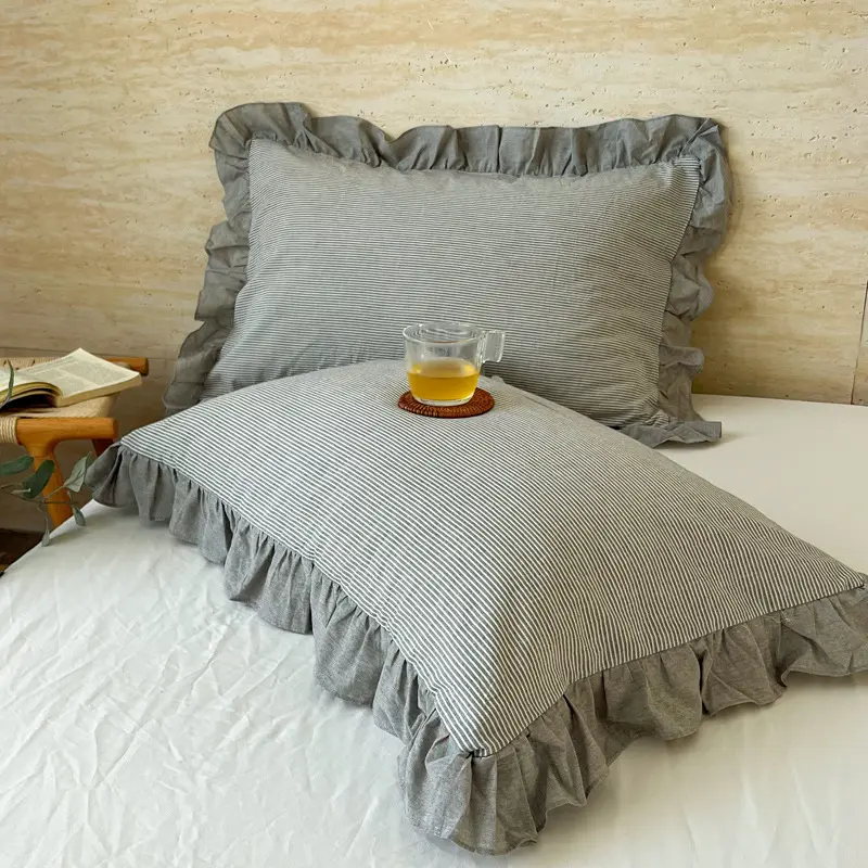 100% Cotton Korean-Style Pillowcase Pair (48x74cm), Minimalist Pillow Cover with Ruffled Trim