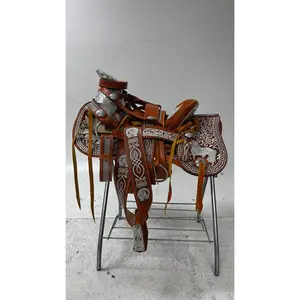 Charro Saddle – Tan Leather with Silver Engraved Plates (15.5”) “El Emperador”