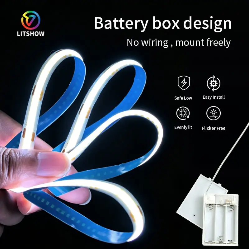 Battery Powered COB LED Strip, Led Lit, Easy Install Led, Cuttable DIY Self-Adhesive, No Wiring Portable Rope Light, Bedroom Kitchen Camping Party Decor