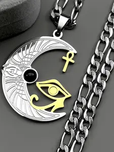 Egyptian Isis Goddess Eye of Horus  Ankh Cross Pendant Necklace for Women Men Stainless Steel Hip Hop Black Stone Chain
