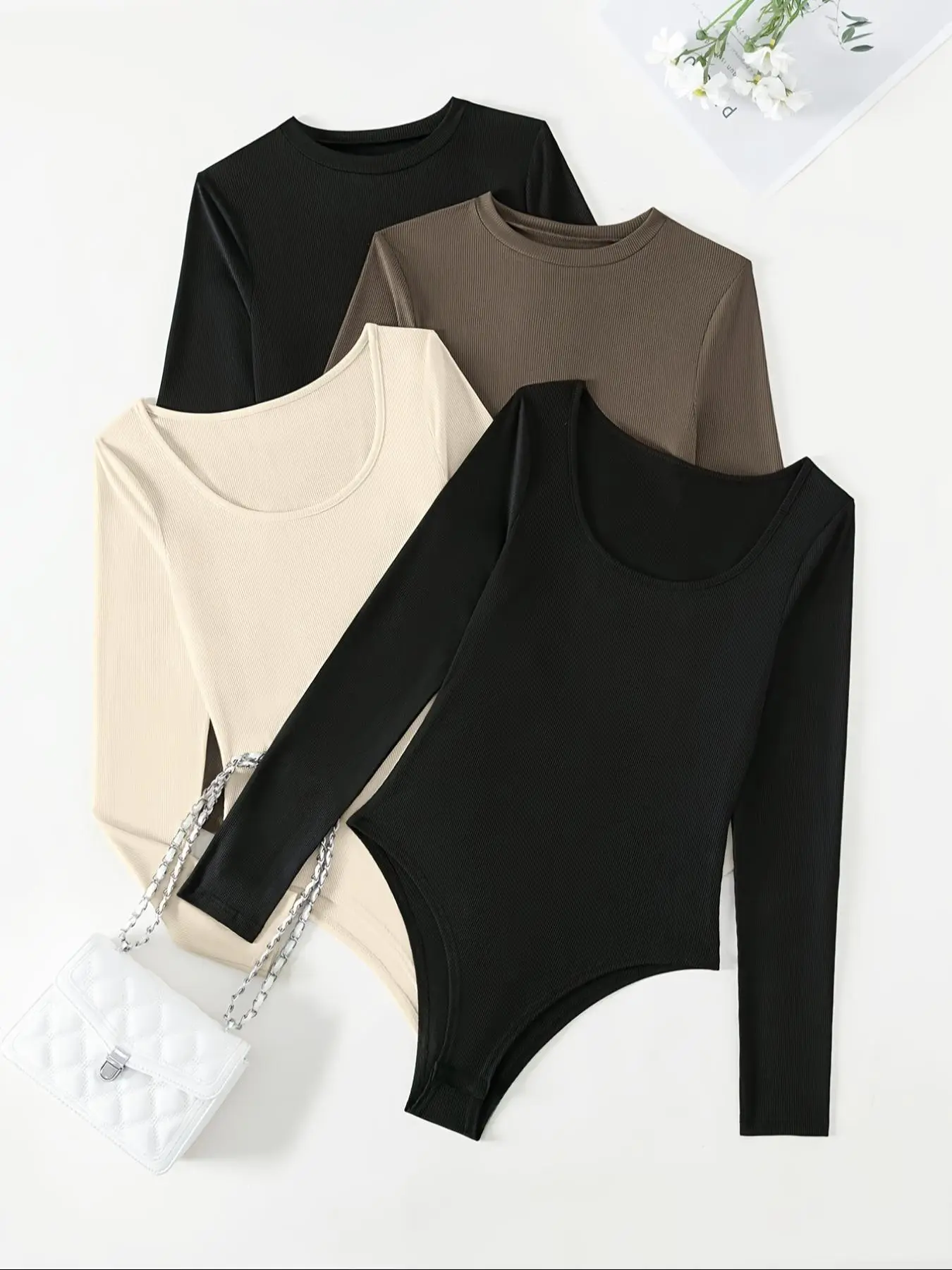 Women's Plain Long Sleeve Ribbed Bodysuit, Casual Solid Scoop Neck Body Suit for Spring & Fall, Bodysuits for Women, Lady Clothes Womenswear for Daily