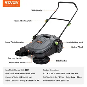 VEVOR Walk-behind Hand Push Floor Sweeper, 25.6 Sweeping Width Floor Sweeper Manual Non-Electric, 5-Gallon Waste Container, Angle Height Adjustable Folding Handle for Walkway, Yard, Garage, Patio