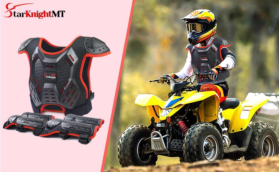 StarknightMT Youth Fit Kids Motorcycle Protective Gear Set - 3-10 Years Old Boys & Girls, ATV Chest Impact Shield, Dirt Bike Motocross Armor, Mountain Biking Use, Red, Snow Compatibility, Broad Use, A Pair of Elbow Pads, Chest Protector