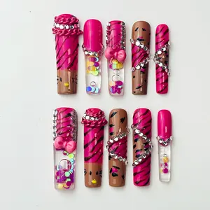 DiDazzle Neon “Sweet Pastels” Aquarium 1.7inch Press-On Nails – Dopamine Pink Liquid Core Square Kawaii Summer Nails