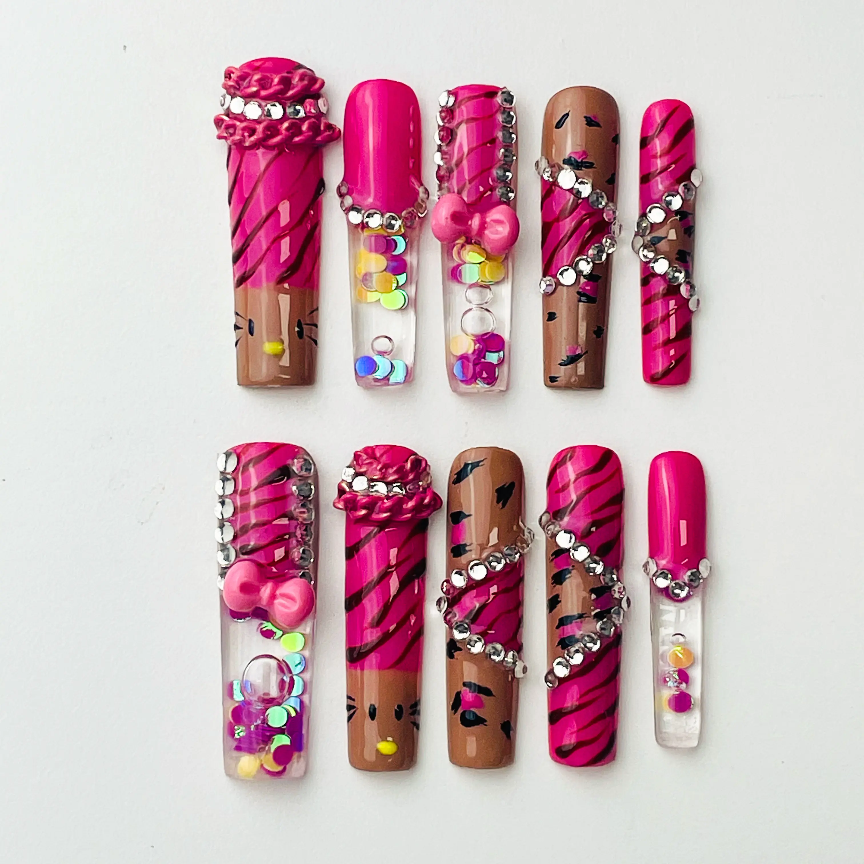 Aquarium Press-On Nails with Pink Liquid Core, Sweet Pastel 1.7-Inch Long Square Tips, Kawaii Summer Nail Art