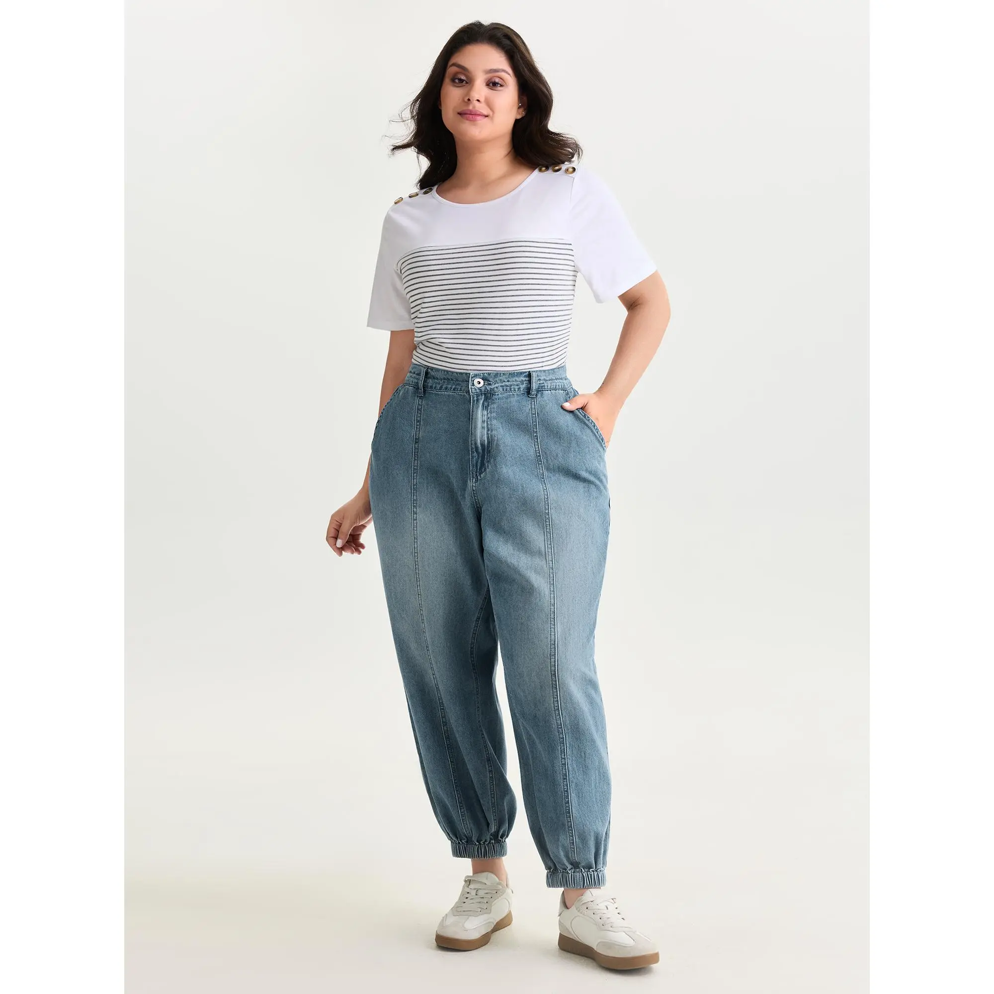 BloomChic Women's Plus Size Curvy Fit Denim Capri Pants - Elastic Waist, Cuffed Hem, Medium Wash Cotton-Polyester Bottoms for Casual Wear, Curvy Fit Jeans, Plus Size Basics, Capri Pants Women, Cold Wash, Low Iron, Fabric, Garment, Curvy Clothing