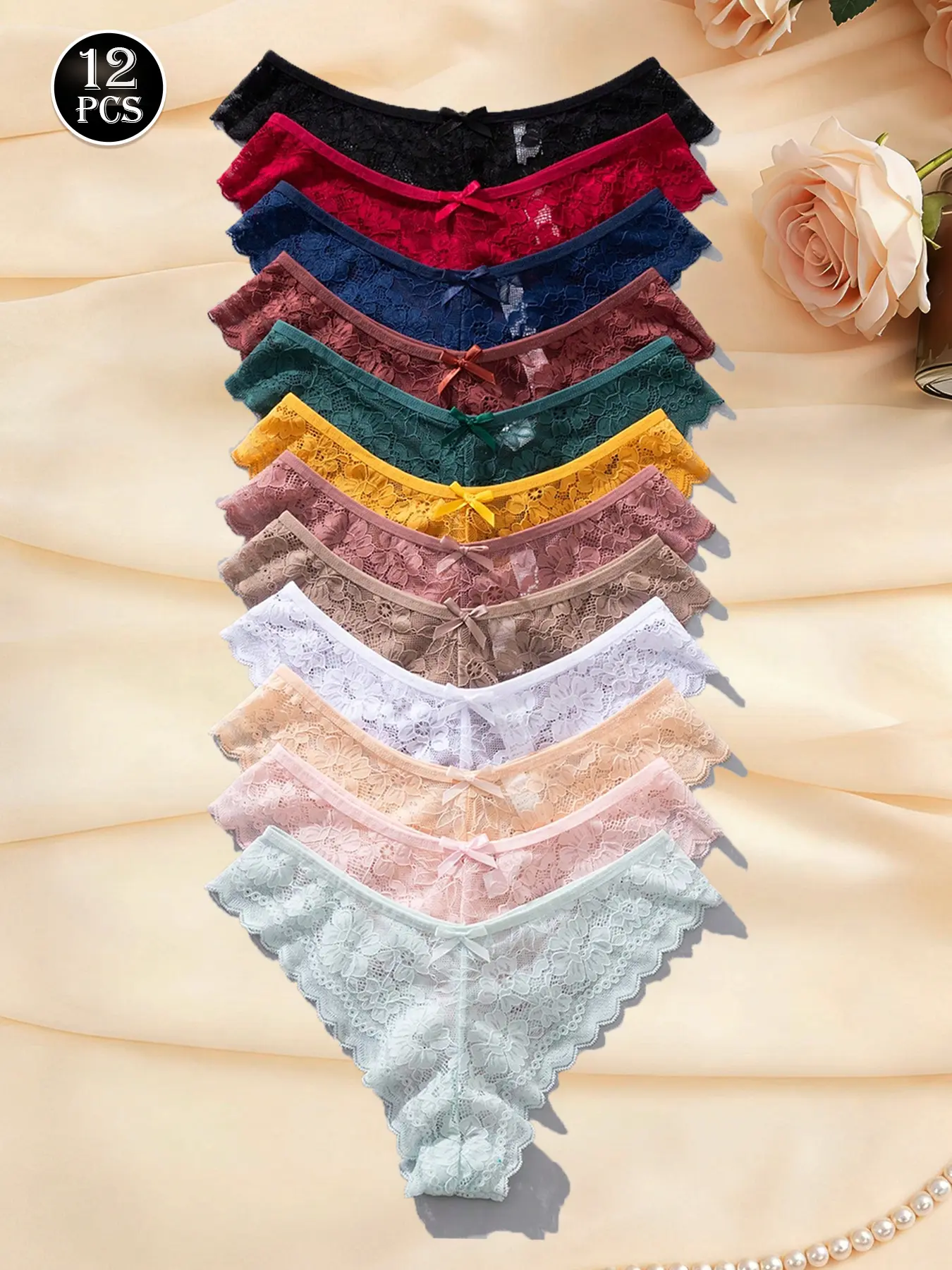 12pcs Sexy Semi-Transparent Lace Low Waist Women's Thongs, Lacy Panties, Sheer Knicker, Fitted Knickers, Comfortable & Stylish Underwear for Everyday Wear, Perfect for All Seasons
