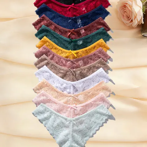 12pcs Sexy Semi-Transparent Lace Low Waist Women's Thongs, Lacy Panties, Sheer Lace Panty, Sheer Knicker, Comfortable & Stylish Underwear for Everyday Wear, Perfect for All Seasons