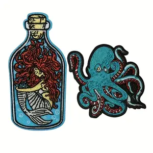 Set of 2 Embroidered Iron-On Patches, Blue Ocean Theme Featuring A Mermaid And Octopus Design, Suitable For Clothing, Jackets, Jeans, Backpacks, And Hats; An Embroidered Craft Gift.