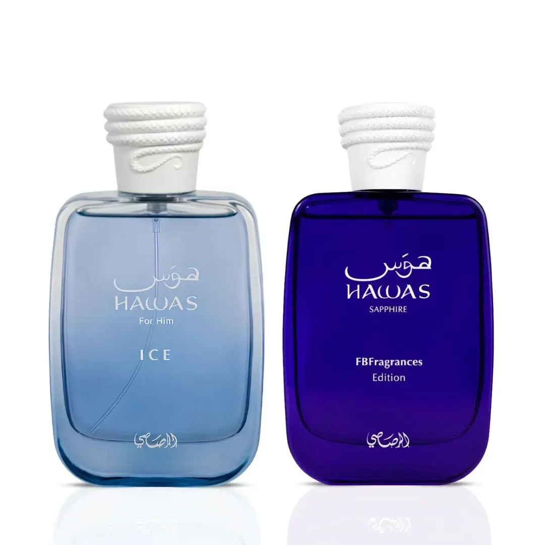 Hawas Sapphire & Hawas Ice Eau de Parfum Sprays 100ml (3.4 oz) by Rasasi (Bundle) Hawas Sapphire & Hawas Ice Eau de Parfum Sprays 100ml (3.4 oz) by Rasasi (Bundle)