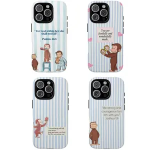 Vintage Christian Curious George Monkey Phone Case, Pastel Stripes with Bible Vibes Case Cover Compatible With iPhone 16 15 14 13 12 11 Pro Max X XS, Galaxy S25 S24 S23 S22 Ultra, Party Theme PBS Kids TV Book, Christmas Gift Idea