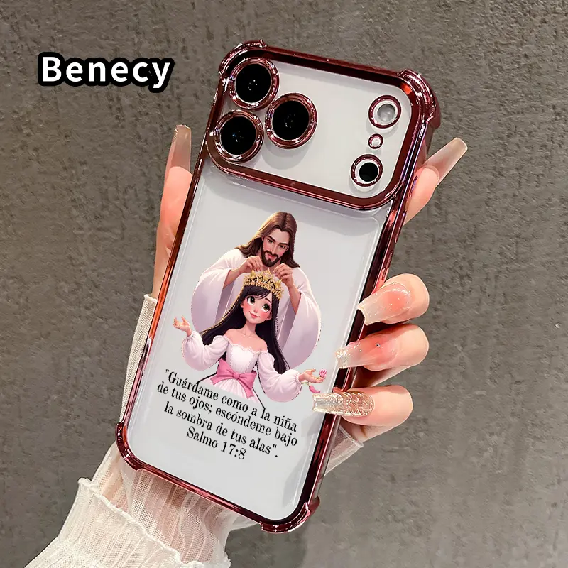 Divine Crown Blessing Pattern Phone Case for iPhone 17 Pro Max 16 15 Plus Air 14 13 12 11 E Electroplated Four-Corner Anti-Fall Protection Cellphone Cover Durable Casing