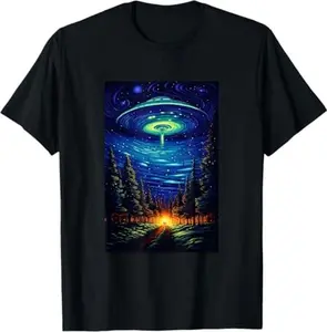 Men's Short-Sleeve Round Neck T-Shirt - All Seasons Casual Streetwear with Van Gogh Inspired UFO Aliens, Flying Saucer and Starry Night Graphic