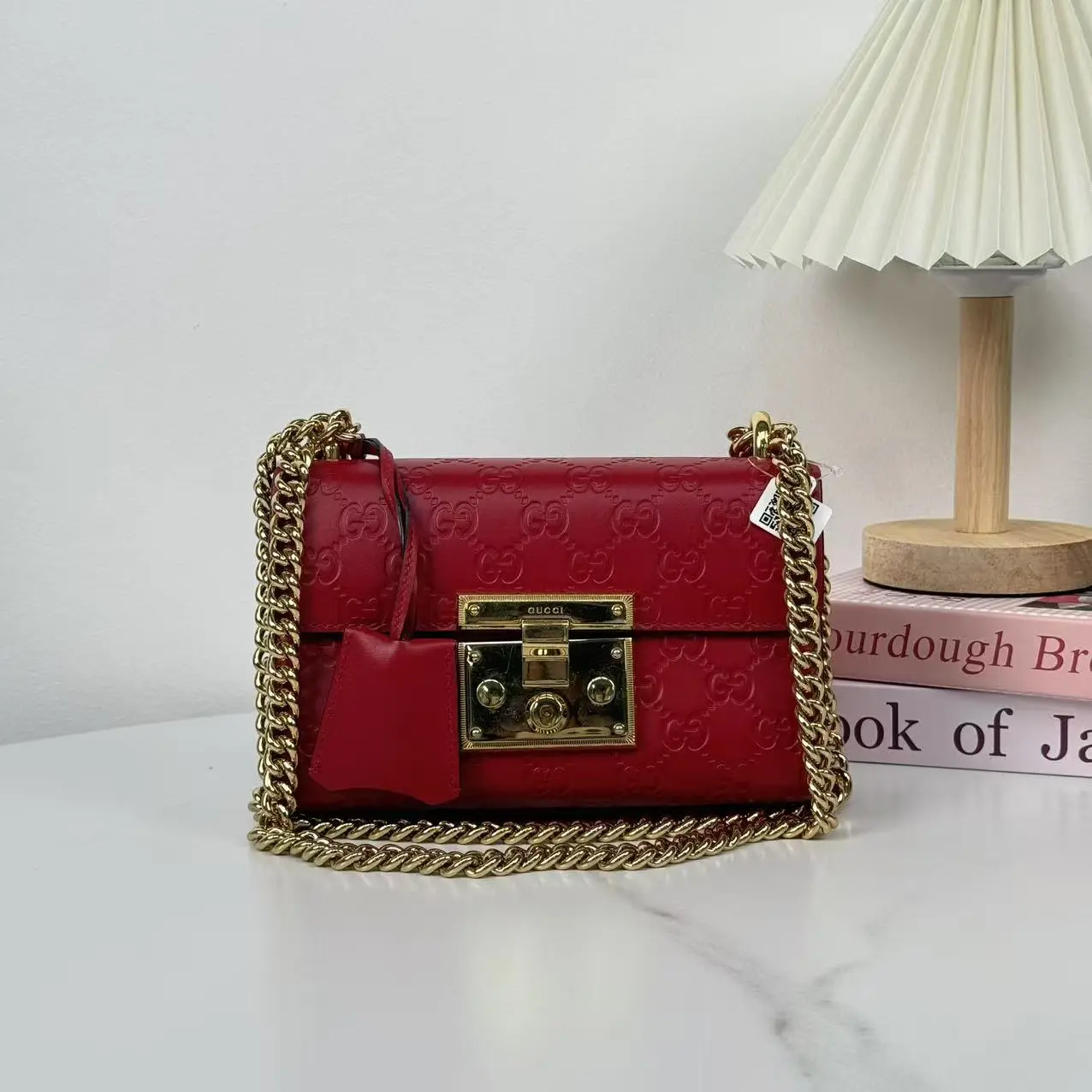 Pre-owned GUCCI Guccissima Small Padlock Shoulder Bag Hibiscus Red