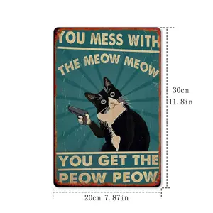 Room Decor 1pc Humorous Vintage Cat Tin Sign, 8x12 Inch Iron Wall Decor, "You Mess with The Meow Meow You Get The Peow Peow" Poster, Ideal for Living Room, Workshop, Cat Lovers Gift