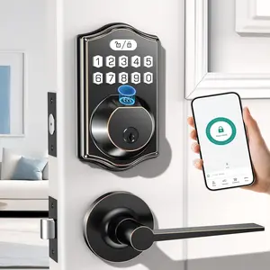 keyless Entry Door Lock deadbolt with Handle Set- Front Door Fingerprint  Locks with 2 Lever Handles-Keypad Code Deadbolt -App Control,Auto Lock,Easy to Install