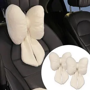 Pillow 2 count Plush Bowknot  Headrest Pillow - Comfortable  Support for Driving Soft Touch Fabric  Pillow Cute Girl-Style Interior Decor (White)